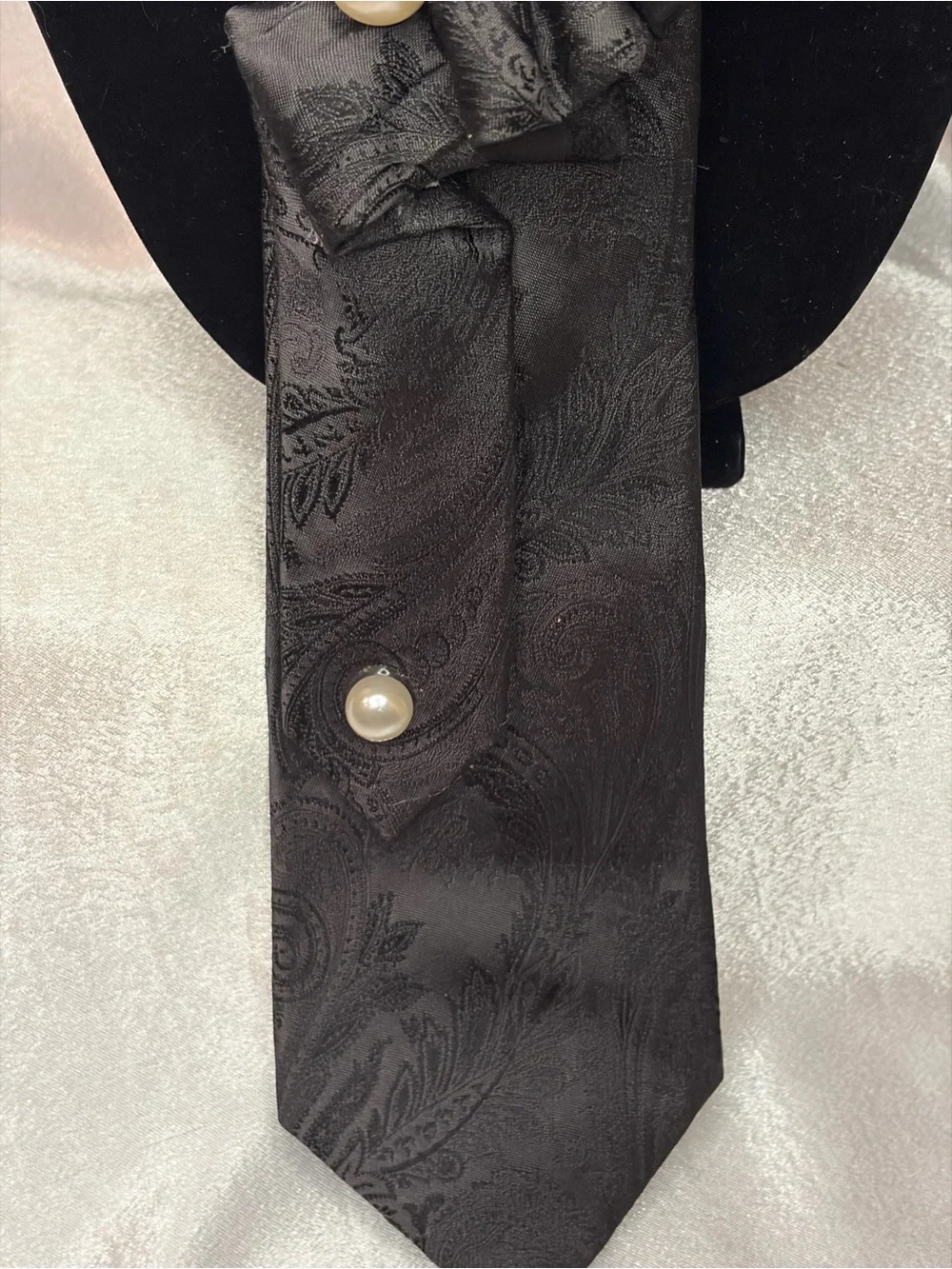 Express Black Paisley Satin Scarf with Pearl & Floral Brooch Accent
